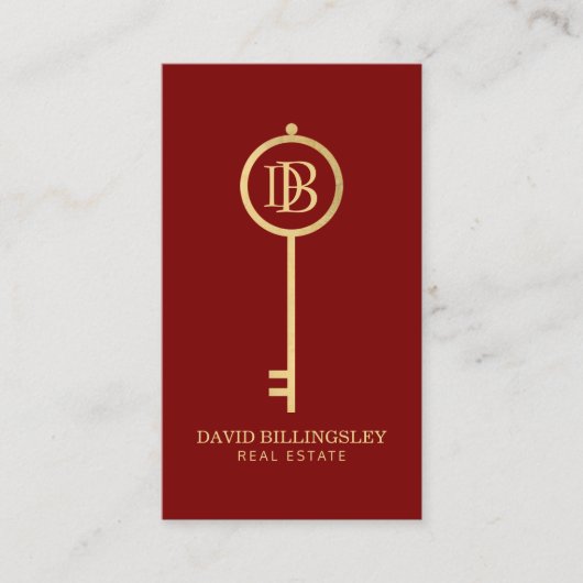 Luxe Faux Gold Skeleton Key Monogram Realtor Rood Visitekaartje (Voorkant)