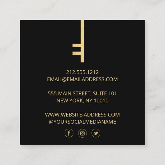 Luxe Faux Gold Skeleton Key Monogram Realtor Vierkante Visitekaartje (Achterkant)