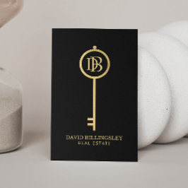 Luxe Faux Gold Skeleton Key Monogram Realtor Visitekaartje