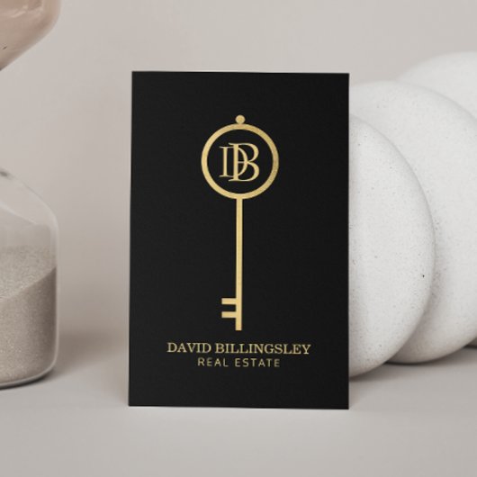 Luxe Faux Gold Skeleton Key Monogram Realtor Visitekaartje