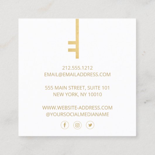 Luxe Faux Gold Skeleton Key Monogram Realtor White Vierkante Visitekaartje (Achterkant)