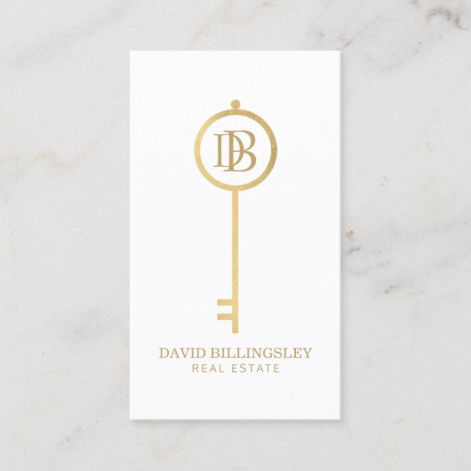 Luxe Faux Gold Skeleton Key Monogram Realtor White Visitekaartje (Voorkant)