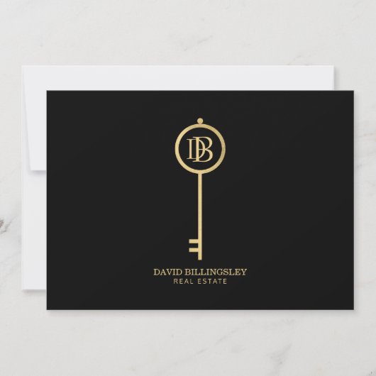 Luxe Faux Gold Skeleton Key Monogram Zwart Notitiekaartje (Voorkant)
