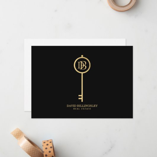 Luxe Faux Gold Skeleton Key Monogram Zwart Notitiekaartje (Voorkant / Achterkant in situ)
