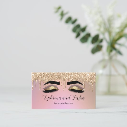 Luxe Faux Pink Gold Glitter Wenkbrauwen en Wimpers Visitekaartje (Staand voorkant)