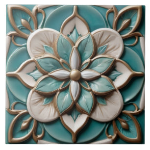 Luxe Faux Relief Bloemen Turquoise & Wit Tegeltje