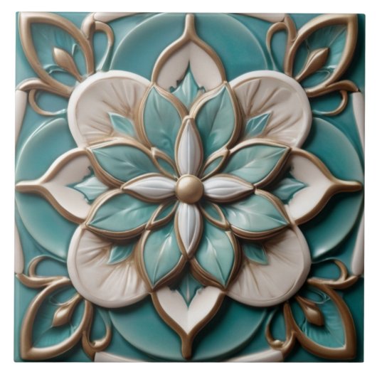 Luxe Faux Relief Bloemen Turquoise & Wit Tegeltje (Voorkant)