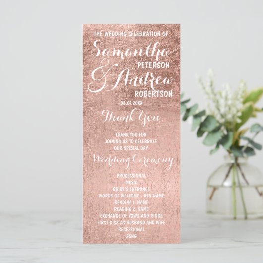 Luxe faux roos bladgoud Trouwprogramma Programmakaart (Staand voorkant)