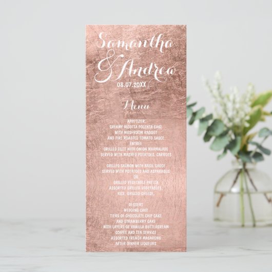 Luxe faux roos gouden blad bruiloft menu (Staand voorkant)