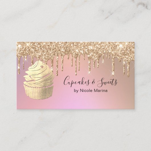 Luxe Faux Roos Gouden Glitter Drips Cupcake Sweets Visitekaartje (Voorkant)