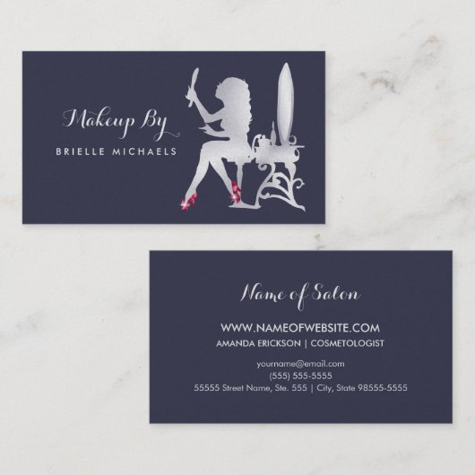 Luxe FAUX Zilveren Vrouw Make-up Artiest Rode Scho Visitekaartje (Voorkant / Achterkant)