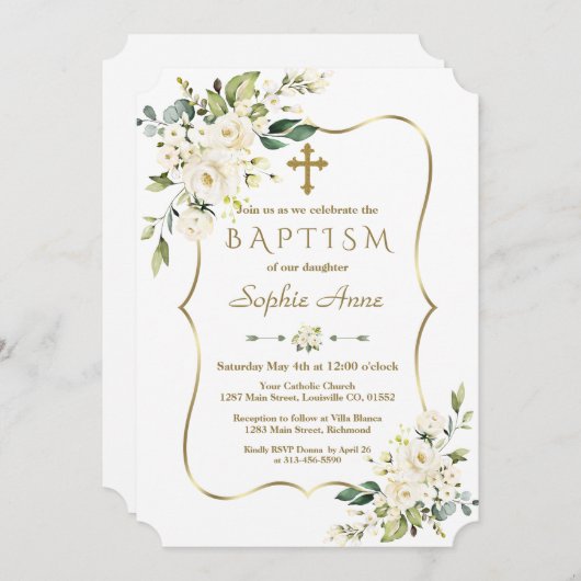 Luxe fijne witte bloemen Gold Cross-Baptisme Kaart (Voorkant / Achterkant)