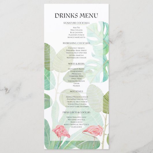 Luxe Flamingo, Tropisch blad bruiloft drankjes Menu (Voorkant)