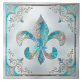 Luxe Fleur-de-lis - Aquamarijn en Parel Tegeltje (Voorkant)