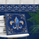 Luxe Fleur-de-lis - blauw marmer en goud Tegeltje<br><div class="desc">Luxe Fleur-de-lis - blauw marmer en goud</div>