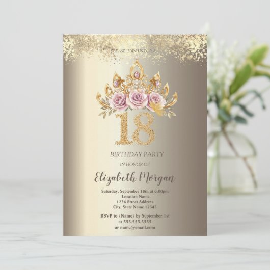 Luxe Floral Crown Gold Confetti 18e verjaardag Kaart (Staand voorkant)