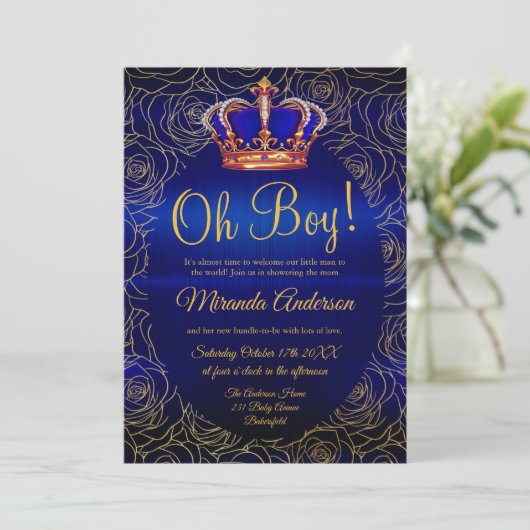 Luxe Floral Gold Royal Blue Baby shower Kaart (Staand voorkant)