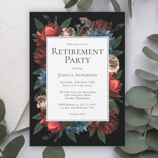 Luxe Floral op Black Elegant Retirement Party Kaart