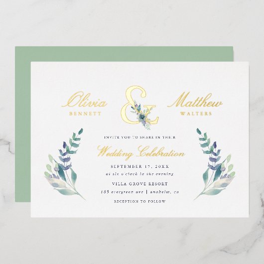 Luxe Floral Wedding Folie Uitnodiging (Voorkant / Achterkant)