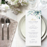 Luxe Floral Wedding Menu Card<br><div class="desc">Aangepast gedrukte trouwmenukaarten. Gebruik de ontwerphulpmiddelen om de lay-out,  achtergrondkleuren en tekst met uw details van het trouwmenu te personaliseren. Dit elegante ontwerp is voorzien van een waterverf florale grens van succulent groen en bloei met gouden en jachttekst.</div>