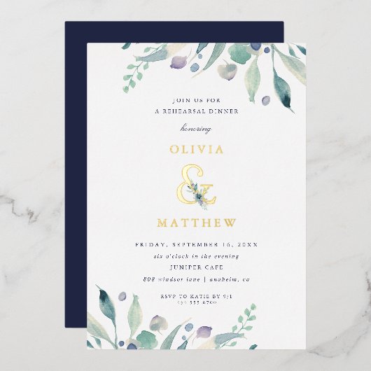 Luxe Floral Wedding Rehearsal Dinner Folie Uitnodiging (Voorkant / Achterkant)