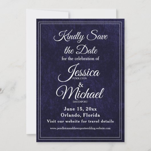 Luxe Fluwelen Navy Blauwe Monogram Huwelijk Save The Date (Voorkant)