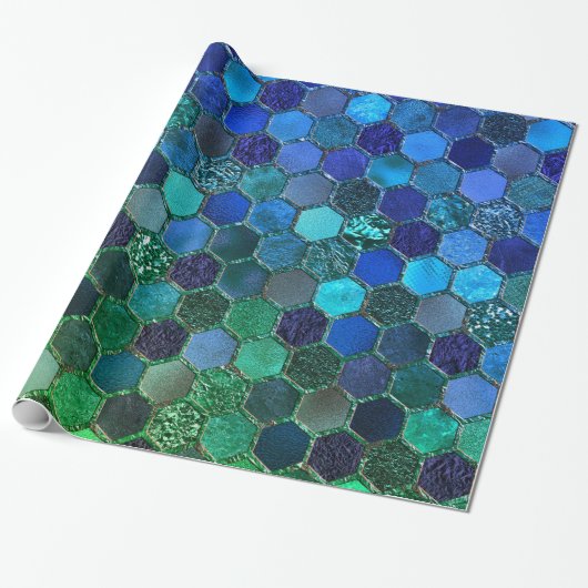 Luxe Folie Glitter Blue Green honingraat Cadeaupapier (Uitgerold)