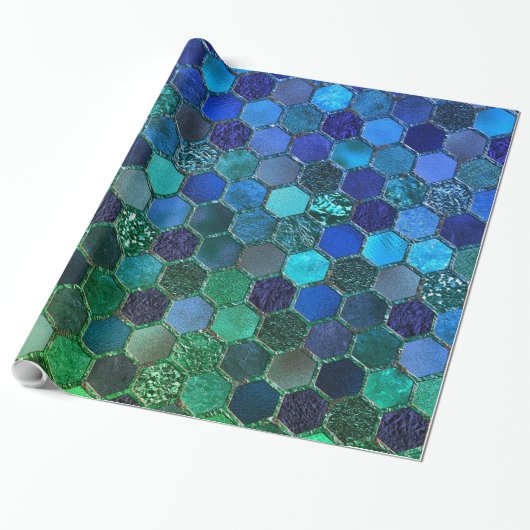 Luxe Folie Glitter Blue Green honingraat Cadeaupapier (Uitgerold)