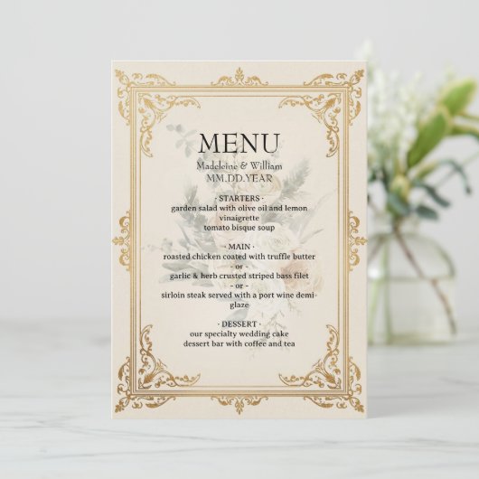 Luxe formele elegante gouden bruiloft menu (Staand voorkant)