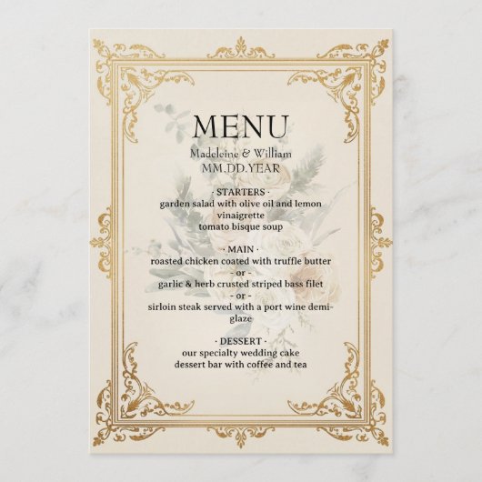 Luxe formele elegante gouden bruiloft menu (Voorkant)