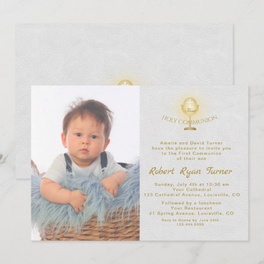 Luxe foto jongen gouden kelk heilige communie kaart (Voorkant / Achterkant)