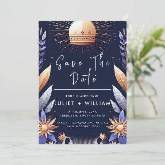 Luxe Fuchsia Kroon Koninklijk Blauw Bruiloft Save The Date (Staand voorkant)