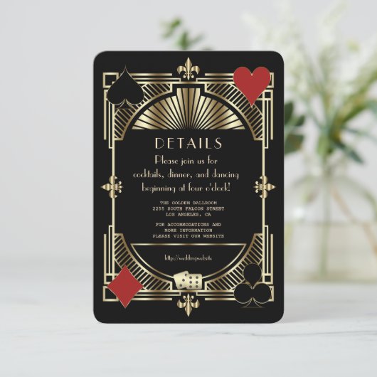 Luxe Gatsby-stijl trouwreceptie in goud Informatiekaartje (Staand voorkant)