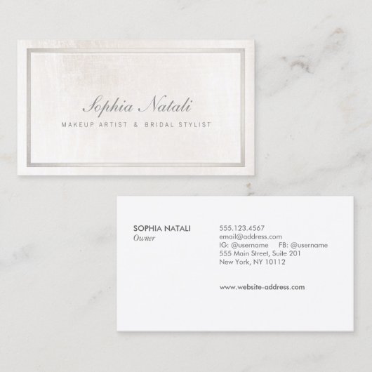 Luxe geborsteld wit marmer en zilveren rand visitekaartje (Voorkant / Achterkant)