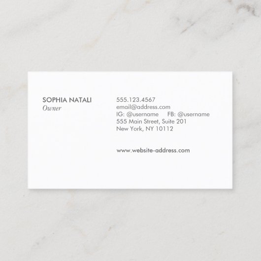 Luxe geborsteld wit marmer en zilveren rand visitekaartje (Achterkant)