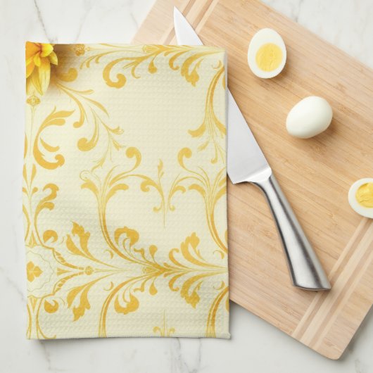 Luxe Gele Tulp Damast Paas Keukenhanddoek (Quarter Fold)