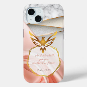 Luxe geloof roze satijn marmer goud duif iPhone 15 case