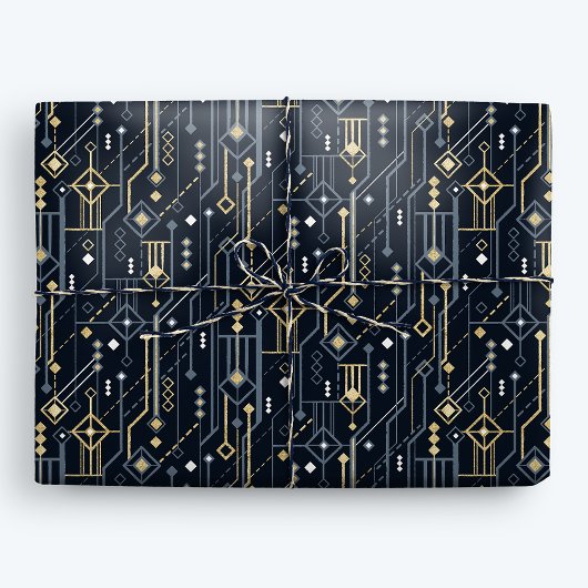 Luxe Geometrisch Blauw en Goud Art Deco Cadeaupapier