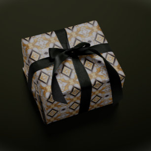 Luxe geometrisch goud en witte kerst cadeaupapier