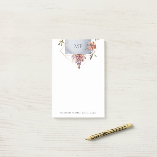 Luxe geometrische bloem met monogram post-it® notes (Op bureau)