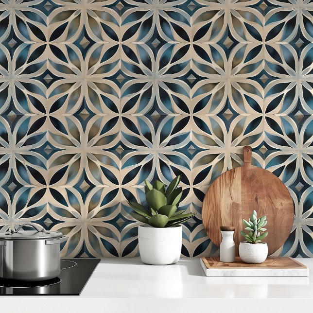 Luxe geometrische bloesems - Blauw en Beige Behang (Creator heeft geüpload)