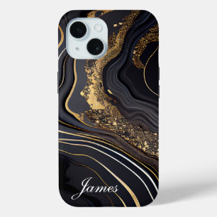 Luxe gepersonaliseerd zwart en goud marmer iPhone 15 case