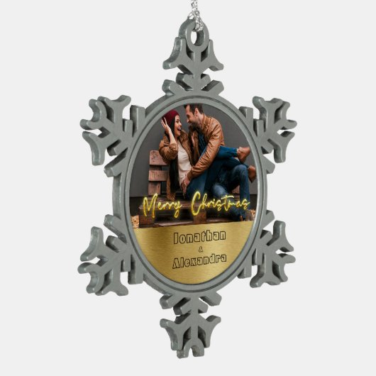 Luxe gepersonaliseerde kerst goud en grijs tin sneeuwvlok ornament (Links)