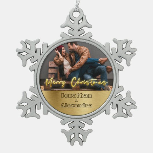 Luxe gepersonaliseerde kerst goud en grijs tin sneeuwvlok ornament (Voorkant)