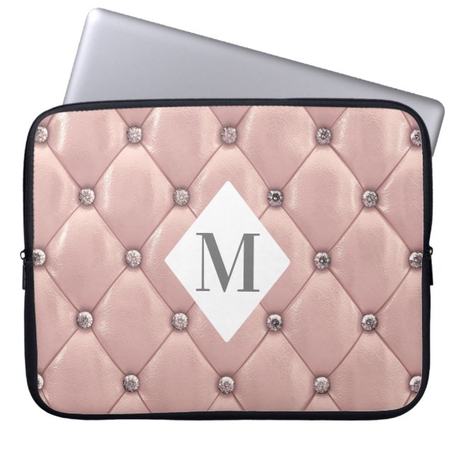 luxe gestoffeerde roze gouden monogram laptop sleeve (Voorkant)
