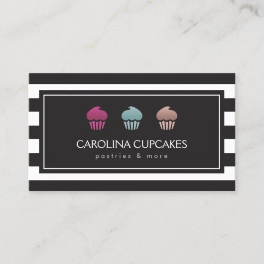 Luxe gestreepte cupcake trio bakkerij Visitekaartj Visitekaartje (Voorkant)
