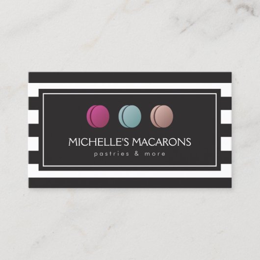 Luxe Gestreepte Franse Macaron Trio Logo voor Bakk Visitekaartje (Voorkant)