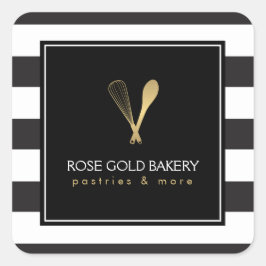 Luxe Gestreepte Gouden Whisk Lepel Logo Bakkerij,  Vierkante Sticker
