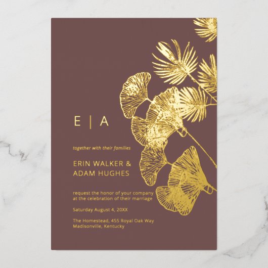 Luxe Gingko Leaf Real Gold Wedding Folie Uitnodiging (Voorkant)