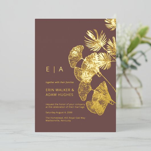 Luxe Gingko Leaf Real Gold Wedding Folie Uitnodiging (Staand Voorkant)